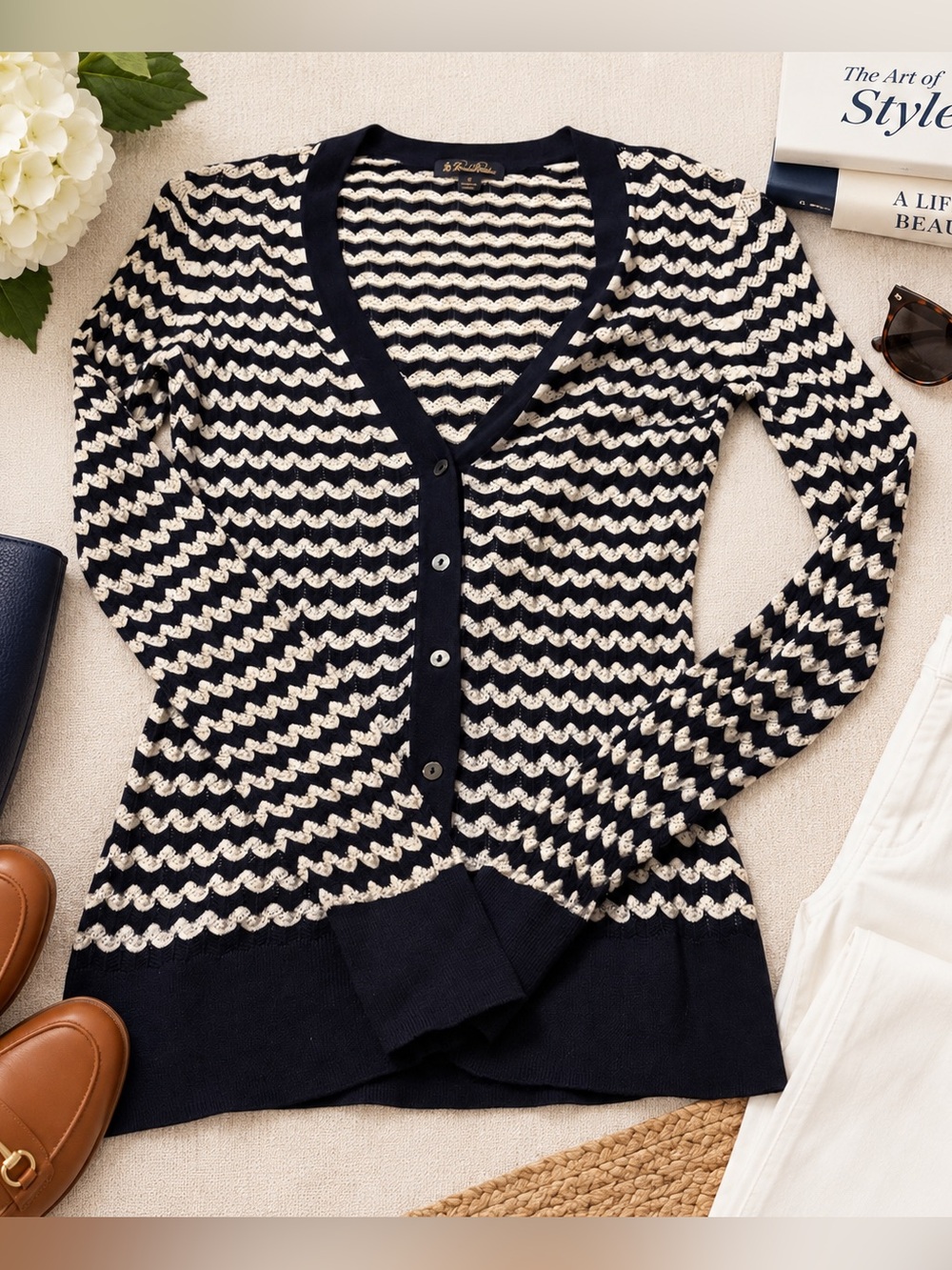 Brooks Brothers Silk Cotton Cardigan Small Navy & White Scallop Knit Preppy EUC